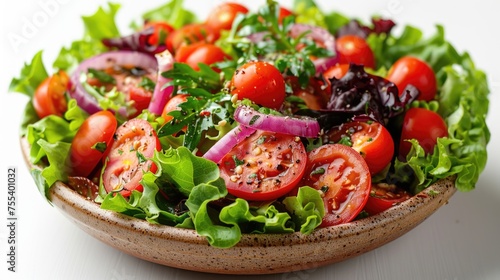 Tomato and onion salad with fresh herbs on white background.