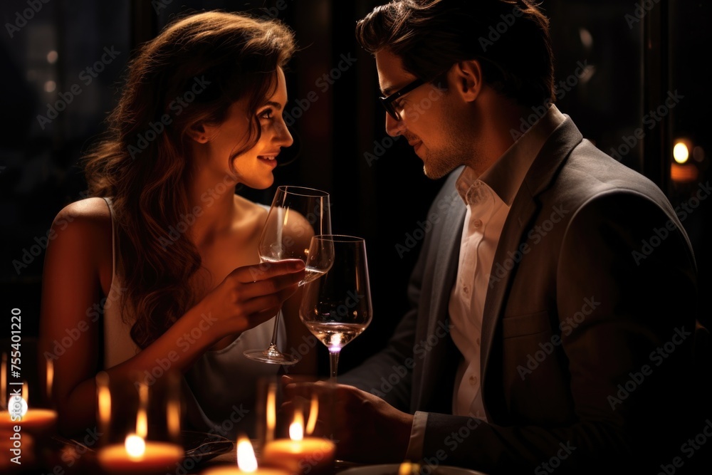 A man and a woman sitting at a table with wine glasses. Suitable for romantic occasions