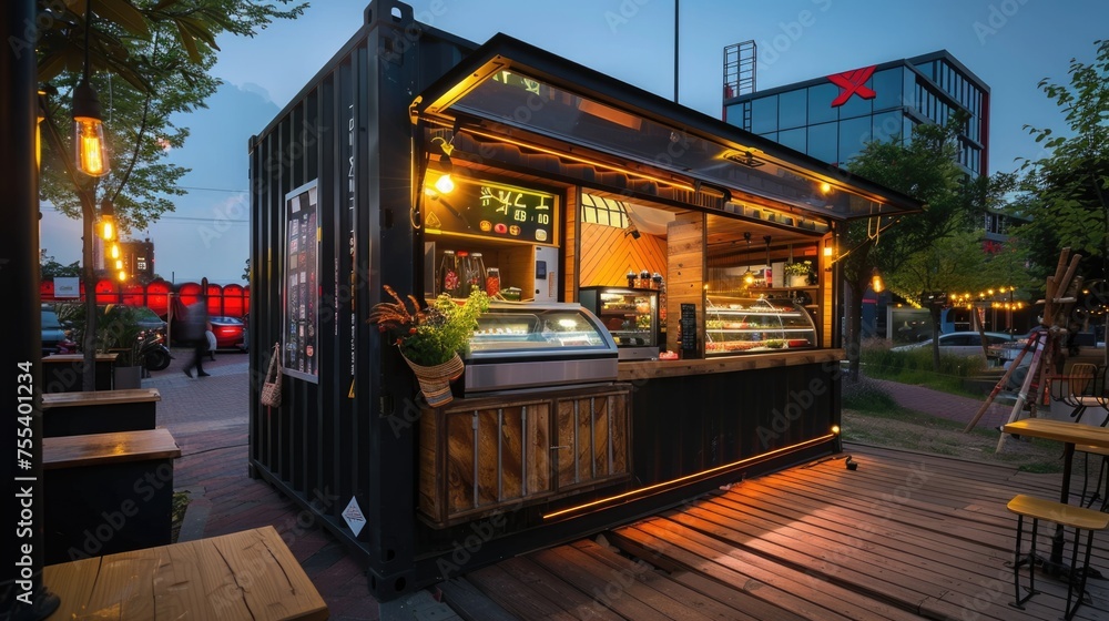Vintage food truck with rustic decor serving in an urban outdoor setting at twilight.