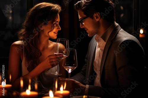 A man and a woman sitting at a table with wine glasses. Suitable for romantic occasions