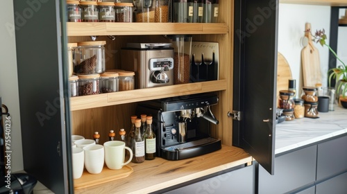 Modern kitchen pantry with organized shelves, coffee machine, and wooden details.