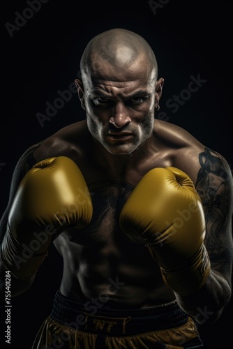 A bald man wearing boxing gloves, ready for action. Suitable for sports and fitness concepts