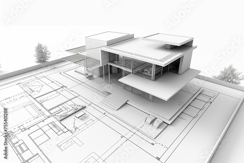 maison d'architecte en maquette sur des plans, fond blanc, illustration ia générative