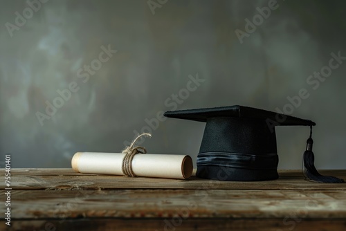 Graduation cap and diploma with red ribbon on wooden table with bokeh lights background