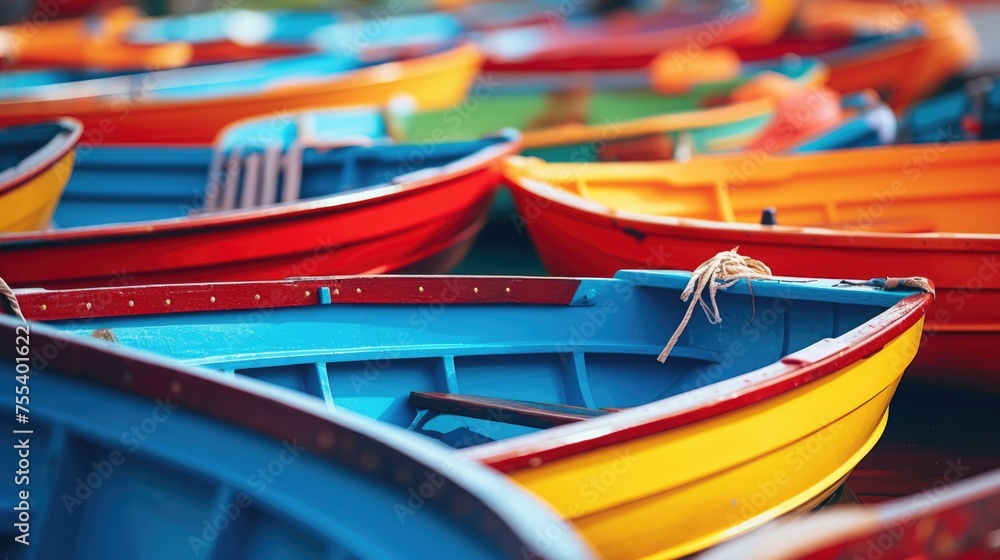 Group of colorful boats on a body of water. Perfect for travel and leisure concepts