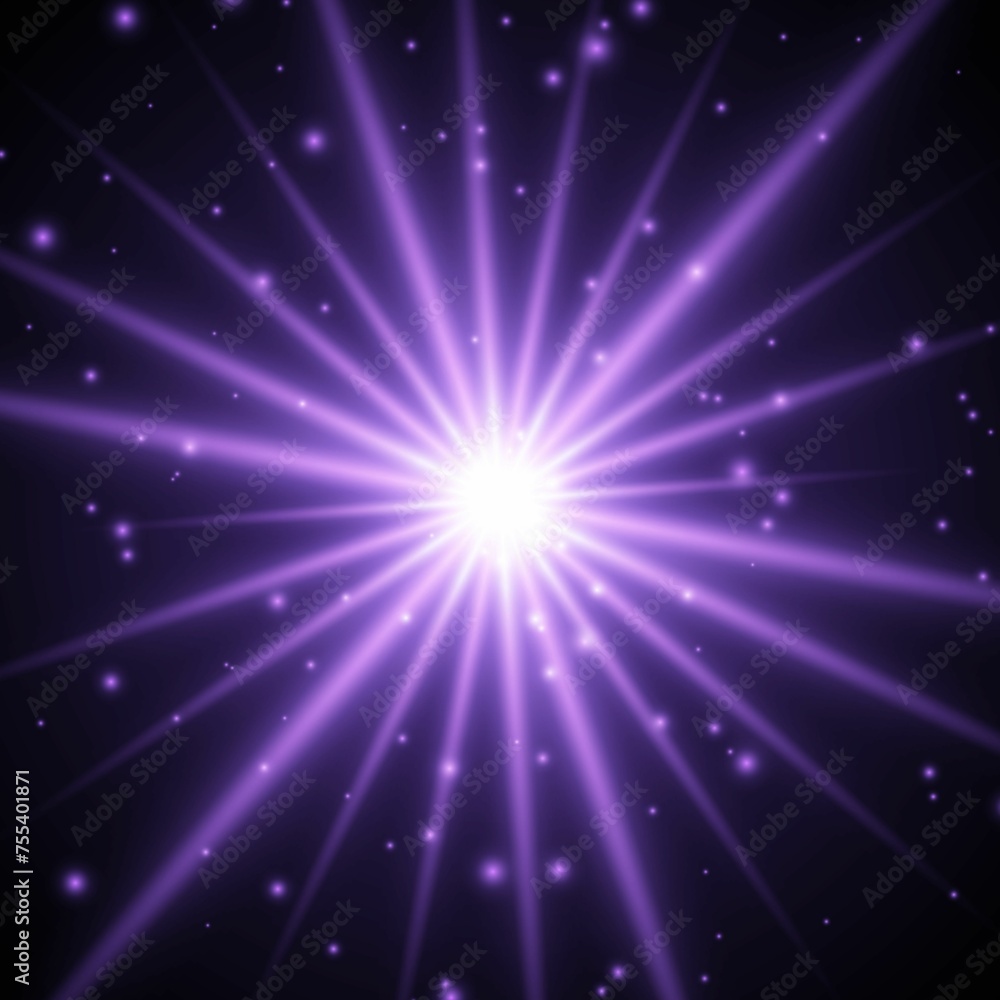 Purple light effect. Abstract background with shiny sparkles and glitter dust. Glowing bright flare with de-focused bokeh lights.