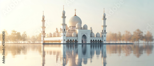 Tranquil dawn at a majestic white mosque reflected on a serene water surface, symbolizing peace and spirituality