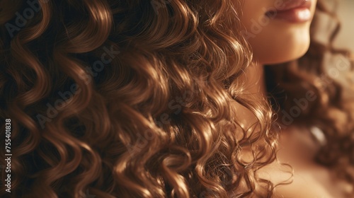 Close up of a woman with long curly hair, perfect for beauty and fashion concepts photo