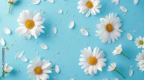 White daisies on blue background. Flat lay floral arrangement with copy space