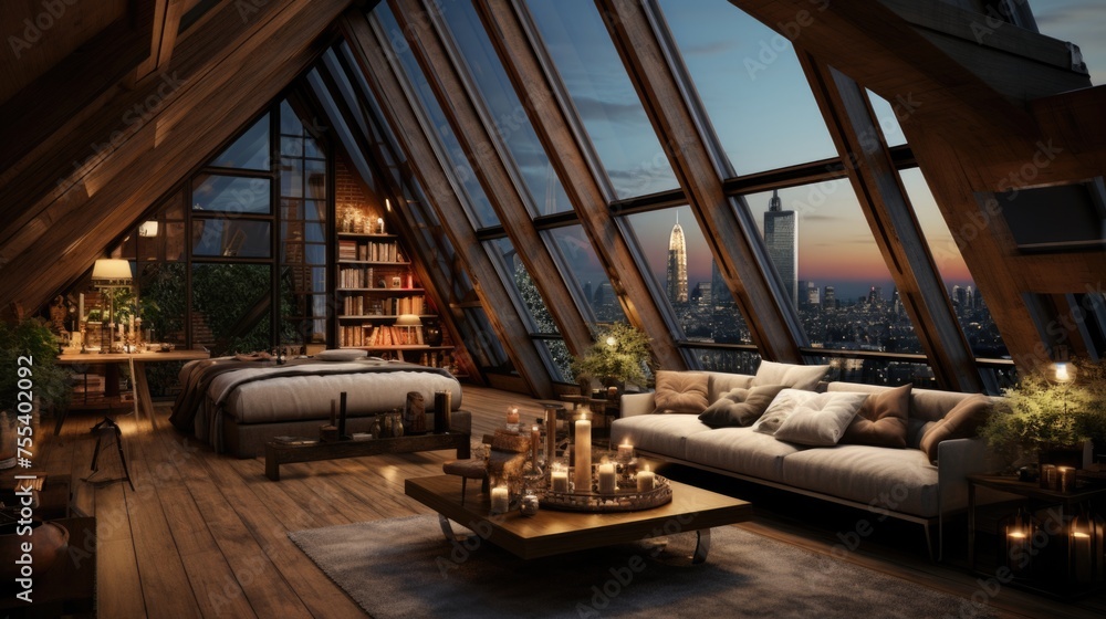 Cozy attic interior design with city view. Warmly lit comfortable living space.