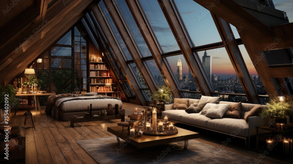 Cozy attic interior design with city view. Warmly lit comfortable living space. Cozy attic interior design with city view. Warmly lit comfortable living space.