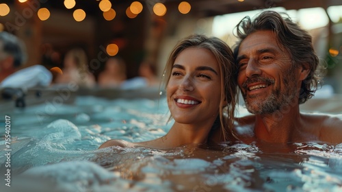 Happy couple relaxing in a jacuzzi. Warm toned close-up with soft focus.