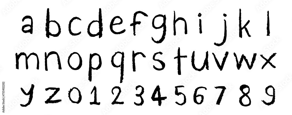 English alphabet A to Z, 0 to 9 12 cute on a white background, vector illustration.
