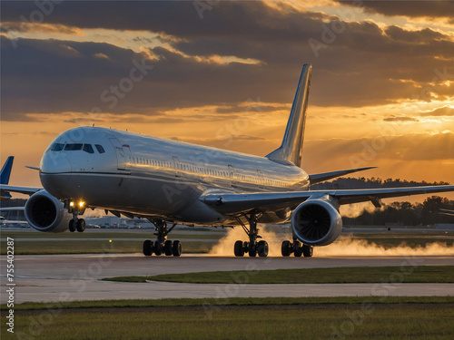 A large jetliner taking off from an airport runway at sunset or dawn with the landing gear down and the landing gear down, as the plane is about to take off. Generative AI