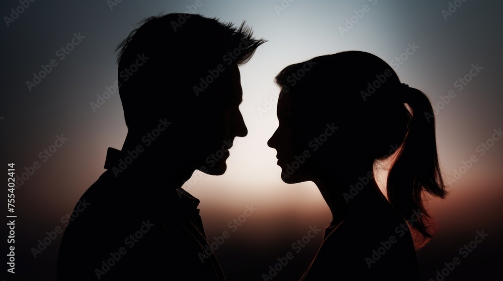Silhouette of a man and a woman standing face to face. Suitable for relationship and communication concepts