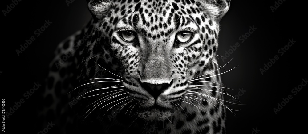 Obraz premium A close-up shot of a powerful and elegant leopard, showcasing its beautiful coat with distinct spots. The leopards intense gaze and sleek fur are captured in striking black and white.