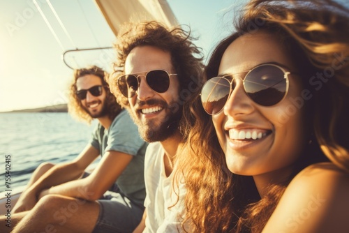 A group of people sitting on a boat, smiling. Perfect for travel and leisure concepts