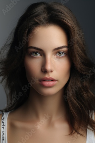 A beautiful young woman with long brown hair, suitable for various projects