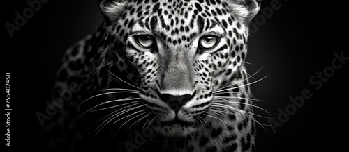 A close-up shot of a powerful and elegant leopard, showcasing its beautiful coat with distinct spots. The leopards intense gaze and sleek fur are captured in striking black and white.