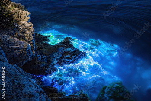  Bioluminescent Waves Glowing Against Rocky Shoreline at Night