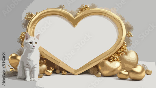 Eine weiße Katze sitzt neben einem vergoldetem Bilderrahmen mit Freiraum für Text oder Bild.