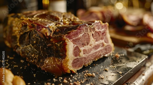 A whole cured ham leg with golden hues on a slate board.