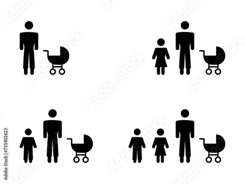 Child care icons. Set of pectograms of a single father with children.