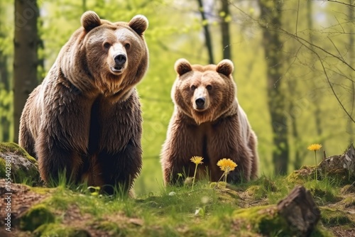 Two brown bears standing side by side. Suitable for wildlife and nature concepts