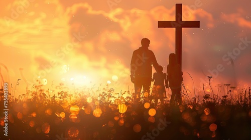 Family silhouette with a cross in a sunset blooming field.