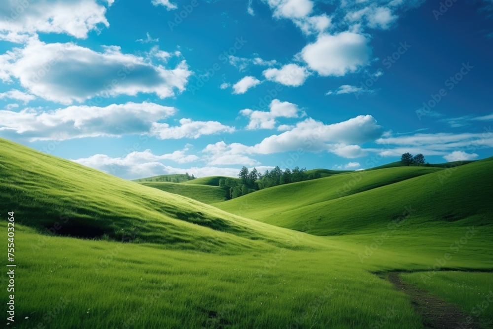 A peaceful green field with a path, suitable for nature concepts A peaceful green field with a path, suitable for nature concepts
