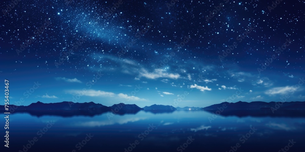 Beautiful night sky reflection on water surface, ideal for nature backgrounds or celestial themes