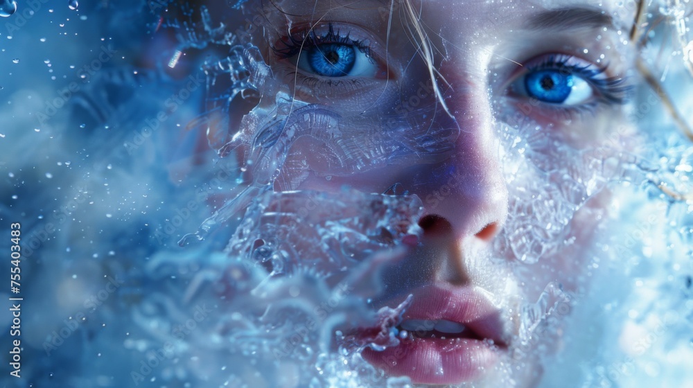 Female face covered in ice. Winter portrait in crystals of ice and snow. Frozen face Female face covered in ice. Winter portrait in crystals of ice and snow. Frozen face
