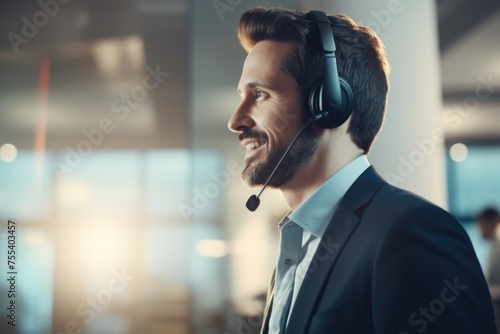 A man in a suit wearing a headset. Suitable for business and communication concepts