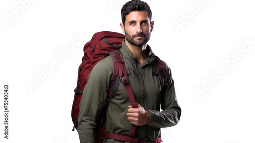 A man with a backpack on a white background. Suitable for travel and adventure concepts
