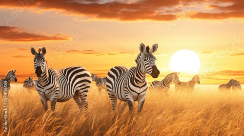 A herd of zebra standing on a grass covered field. Ideal for nature and wildlife themes © Fotograf