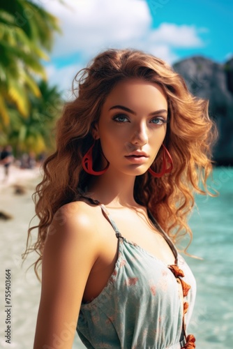 A beautiful young woman standing on top of a beach. Suitable for travel and lifestyle concepts