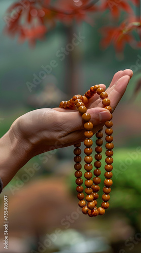 chanting mantra to the lord Buddha with buddhist style rosary beads in hand, Hand holding a buddha chant, Hand holding Buddhist beads chanting mantra, Generative Ai