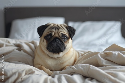 Pug face sitting on bed at home. © Nazia