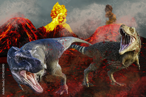 火山の爆発で二匹のティラノサウルスが驚き逃げる © iARTS_stock