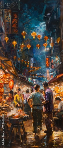 An Asian family bustling in a lively night market