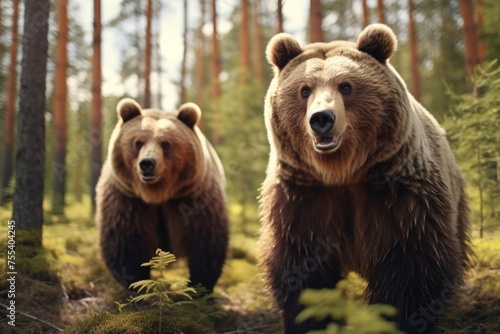 Two brown bears walking through a forest. Suitable for wildlife and nature themes © Fotograf