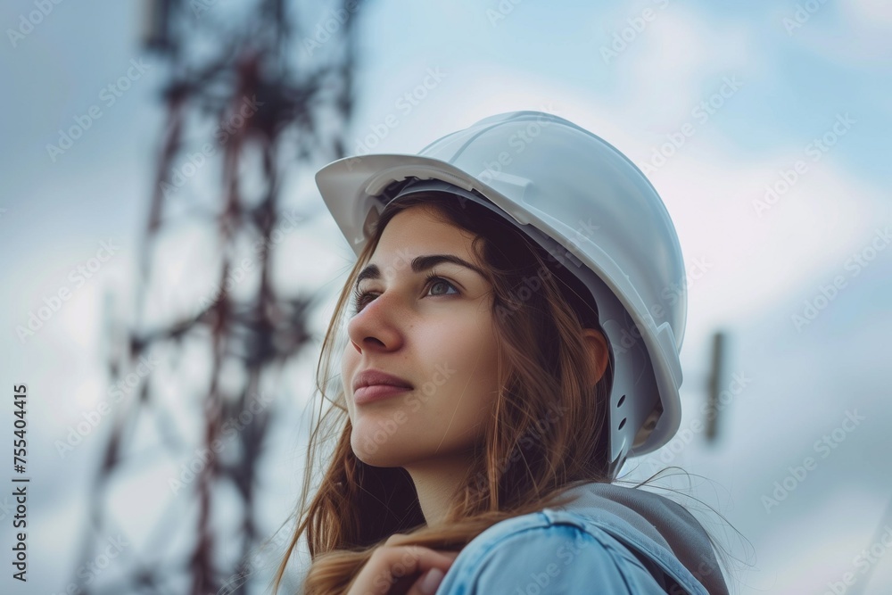 Girls in ICT, the concept of equality in communications, a woman in a white helmet next to a communications tower Girls in ICT, the concept of equality in communications, a woman in a white helmet next to a communications tower
