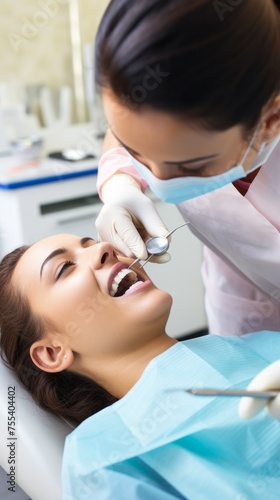 Young woman patient in a dental chair is being examined by a dentist, an orthodontist at a dental clinic. Teeth whitening, Brushing, Braces, Veneers, Pulpitis, Periodontitis, Health Care, Oral Hygiene