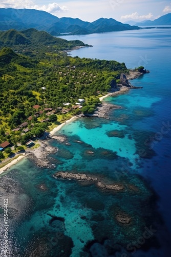 A stunning aerial view of a tropical island with crystal clear water. Perfect for travel brochures or website backgrounds