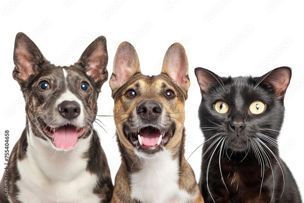 Funny portrait of a dog, a cat and a rat, closeup, isolated on white background .