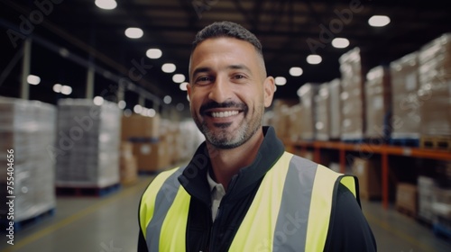 A man wearing a yellow vest standing in a warehouse. Suitable for industrial or construction concepts