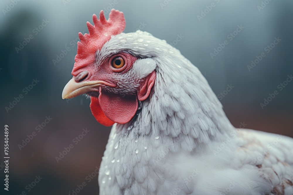 Detailed close up of a chicken with a distinctive red beak. Suitable for various farm and animal related projects