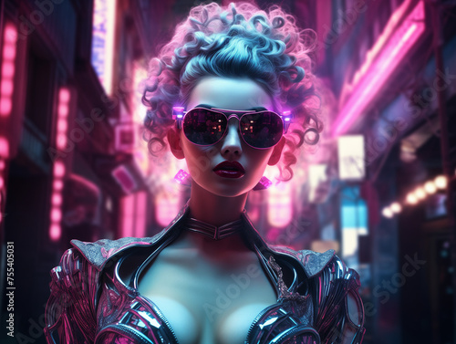 A young woman walking amidst neon lights in a futuristic city setting, ski-fi style