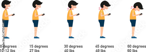 The bad smartphone postures,the angle of bending head related to the pressure on the spine.vector illustration