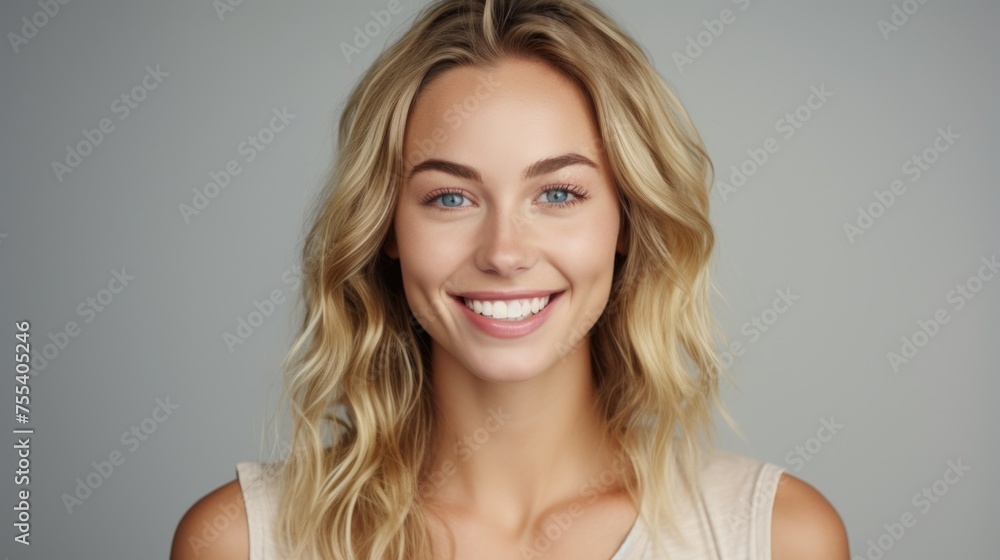 Portrait of a woman with blonde hair and blue eyes smiling. Suitable for various projects Portrait of a woman with blonde hair and blue eyes smiling. Suitable for various projects